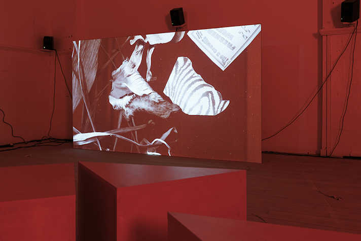 Film is projected onto a screen in a room lit in red.