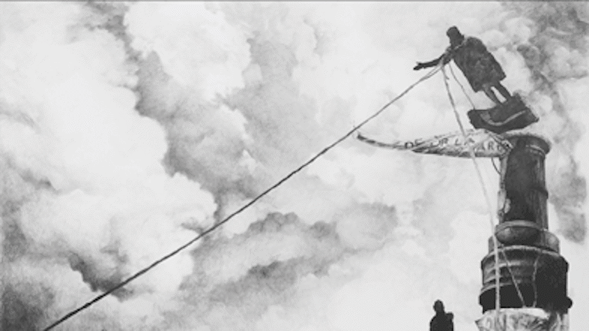 a billboard displays an intricate pencil drawing of a toppled statue