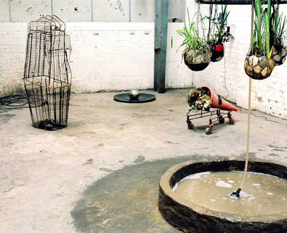 conical wire cage, traffic cone filled with plants, small pond, and hanging footballs filled with plants, arranged into an installation