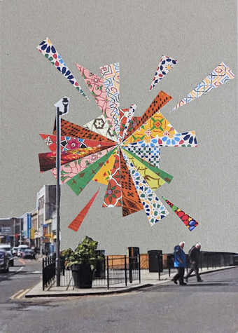 The image shows a collage made of paper cuttings combining parts of a photograph of the Shawlands cross and a star-shaped form made with colourful decorative elements.
