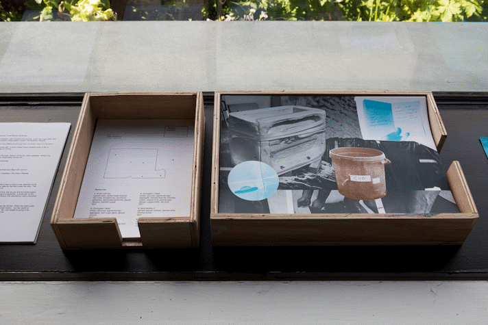 open top ply boxes hold an A4 gallery text and A4 abstract riso print