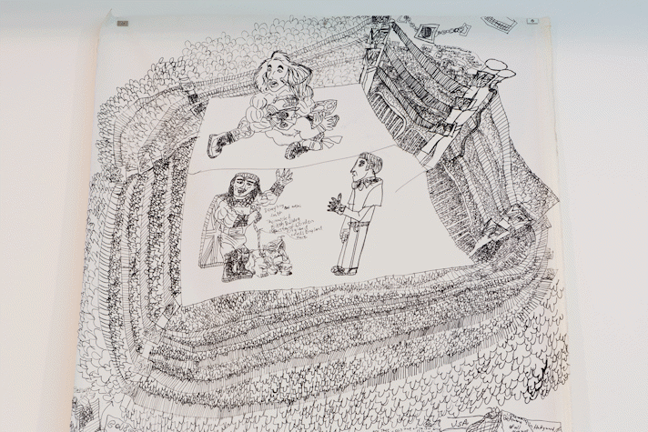 playful, intricate black pen drawing of a boxing scene