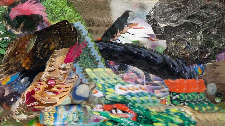 A series of brightly coloured objects which have been distorted, in the background an image of an arm with a bird bird resting upon it reaches forwards