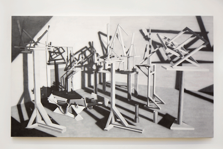 There is a painting, made through a digital software, hung on a wall. The painting has around six wooden stand like structures placed in the corner of a room, with their stark shadows falling on the ground and the corner wall.