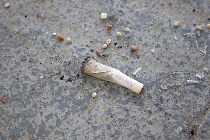 close up of bird seed and a cigarette butt. Inside the roll of the cigarette paper is text that reads 'listen.'