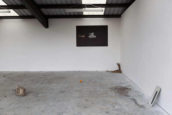 a rock, orange, puddle of pink stained water, mirror and palm leaves are placed across a gallery floor. On a wall a dark print is pasted up.