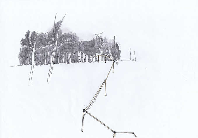 smudged pencil sketch of trees with a hand rail leading up to them