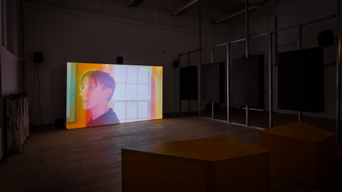 In a blacked out room, a glowing projection screen is visible. The rest of the room's architecture is not visible, apart from the illuminated edges of a metal frame wall bearing sound panels. On the screen, a still image is projected of a person's head looking off screen to the left. Behind the person a window is visible with light streaming in.