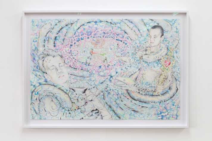 Framed drawing in colour pencil. Abstract with images of eels and 2 heads.