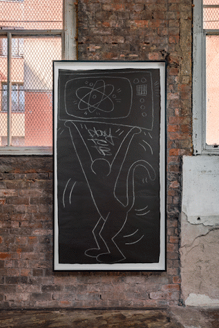 A chalk drawing of a figure with their arms raised, displayed on a brick wall.