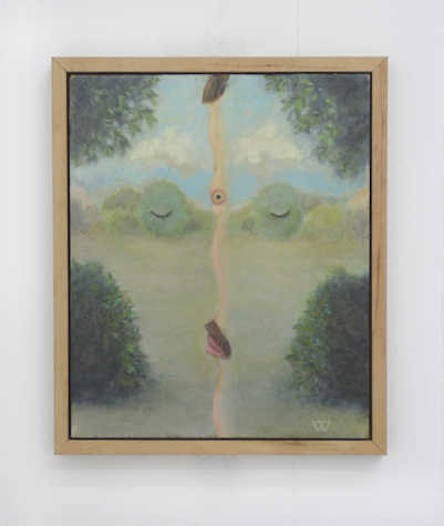 Close up view of a painting of a slightly abstracted landscape in soft green and blue colours. What appear to be eyes and lips are visble