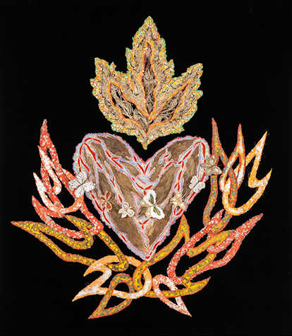 A black background with an embroidered design of a heart with butterflies within it.