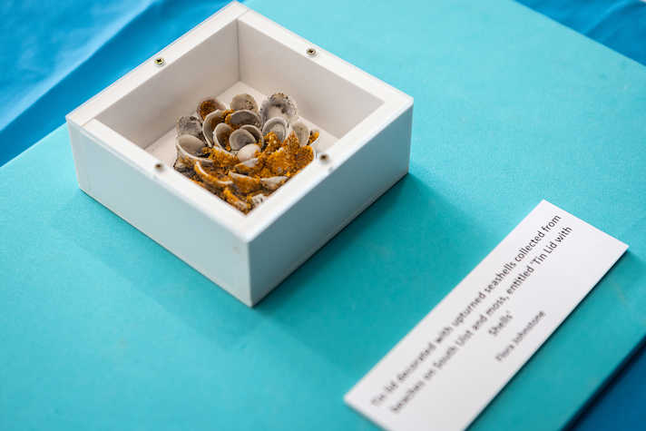 A flower-like shape created by seashells is displayed in a white box, on top of a table covered by a blue tablecloth.