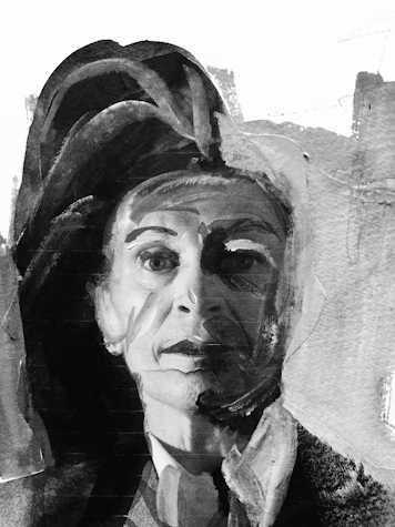 An black and white image of a face, slightly distorted, with brush marks visible