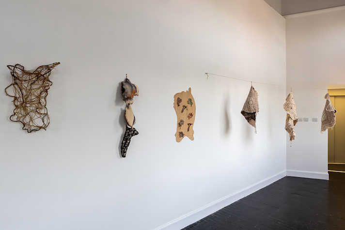 Organic-like artworks are displayed on a white wall, some are hanging up on a string across the room.