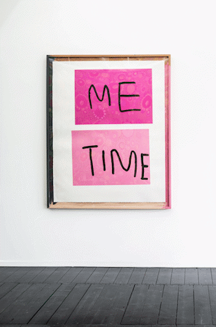 The image shows a large collage print with cut out paper that reads 'ME' and 'Time'