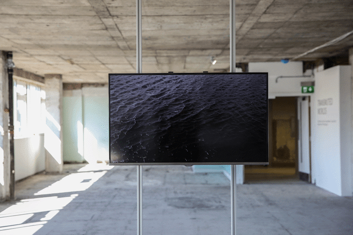 With natural light coming from a window on the left, the room with concrete floors has a screen showing the ocean.