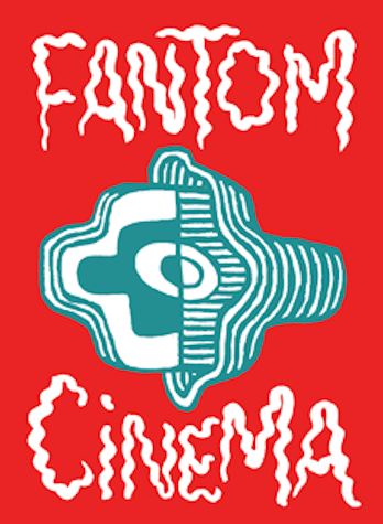 Graphic poster with the words Phantom Cinema in white wavy letters, on a red background with a green shape in the middle