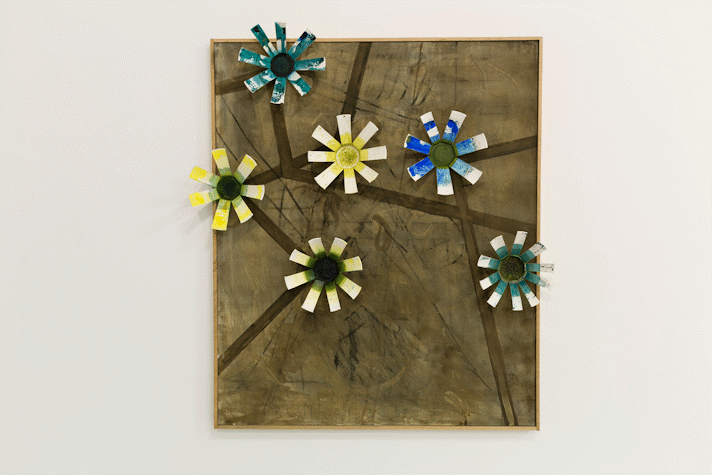 an abstract painting with 3D flower shapes on the surface