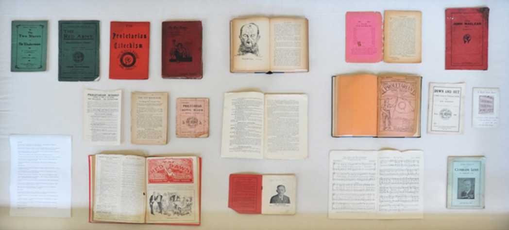 display of various open and closed books relating to socialism