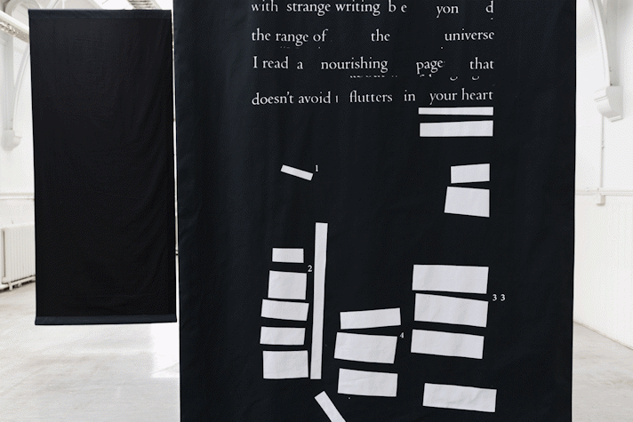 detail of black fabric hanging with white text printed that seems to be assembled from cut out words. The words read 'with strange writing beyond the range of the universeI read a nourishing page that doesn't avoid flutters in your heart'