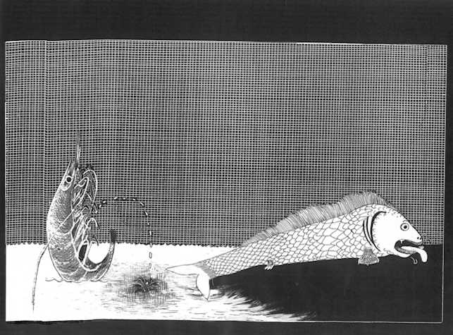 black and white print of prawn and fish