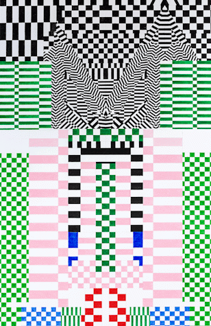 A close up of an abstract artwork featuring patterned tiles.