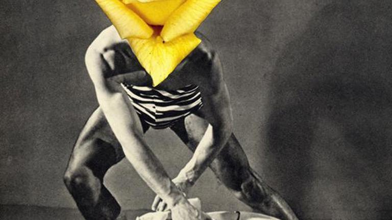 black and white image of a person pushing down on another person who is in a Childs pose-like position. the first persons face is overlaid with a yellow rose.