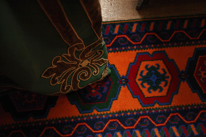 Interior shot of Pollok House, detail of drapes and carpet