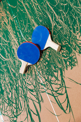 Two ping pong bats lie atop of table, printed with a grass pattern.