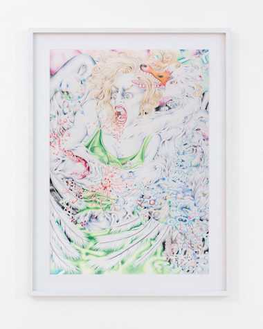 A coloured pencil drawing depicting a woman with curly hair and a green dress. In her hand she holds a wine glass which is spilling red liquid. Over her left shoulder a swan with teeth bites a lock of her hair.
