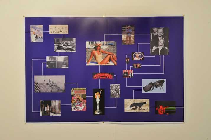 large blue poster pinned to the wall. it shows various such as someone sunbathing on a beach and a soldier in the sand with a modern gun. the images are linked together with lines, showing the connections between them.