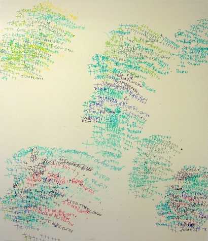 text written with different coloured pens on canvas. words are mostly illegible