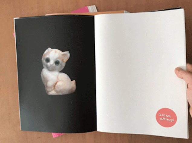 hands hold open an A5 booklet, the left page shows a black background and a white and pink kitten figurine