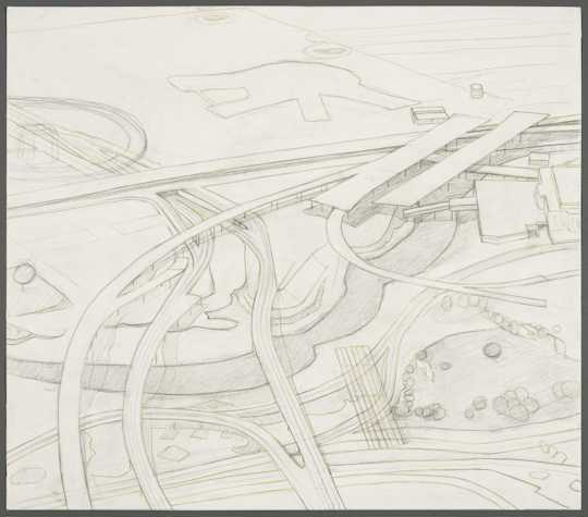 A pencil line drawing of a motorway road over a countryside