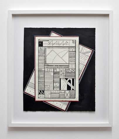 black paper in a white frame. on top of the black paper there are two technical geometric drawings overlayed over each other at an angle