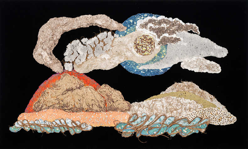 A black background with an embroidered design resembling a volcano.