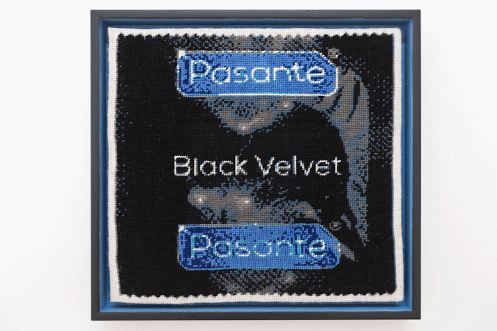 Fabric print of black Pasante condom packet