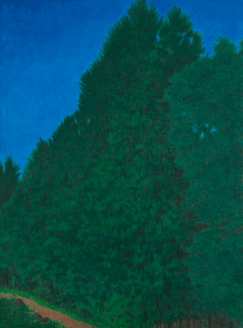A painting of the edge of a forest. Tall trees of various luscious green hues reach up towards a bright blue sky. Small sections of sky are visible through the foliage. In the foreground, a red dirt path skirts the edge of the trees and leads the eye off the left-hand side of the canvas.