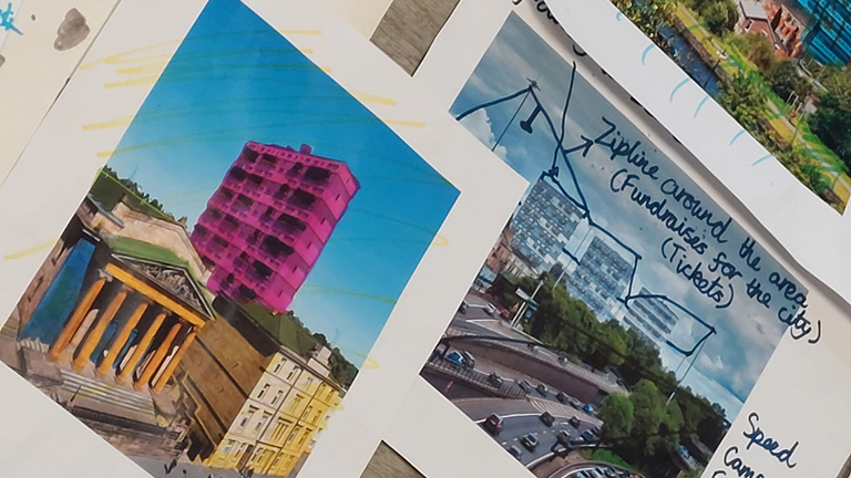 A series of overlaid pieces of paper containing pictures of locations in Glasgow.
