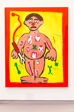 Painting of a cartoon figure with a yellow background, red border with tools dotted about the body