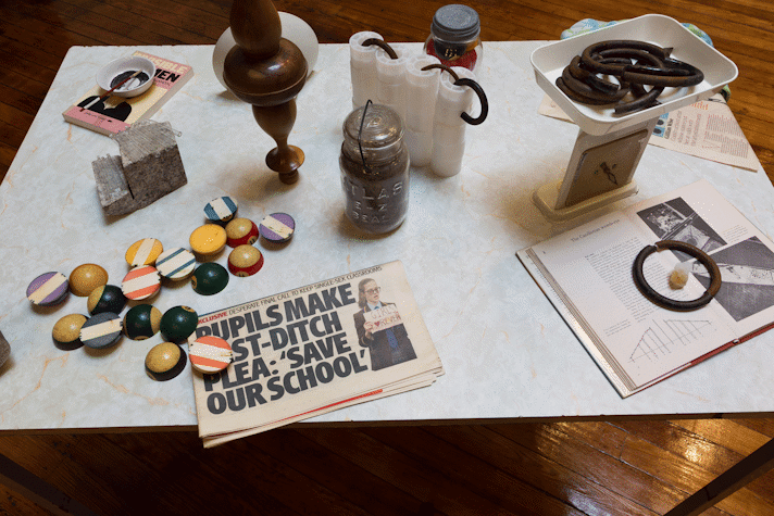 unusual objects sit on a table