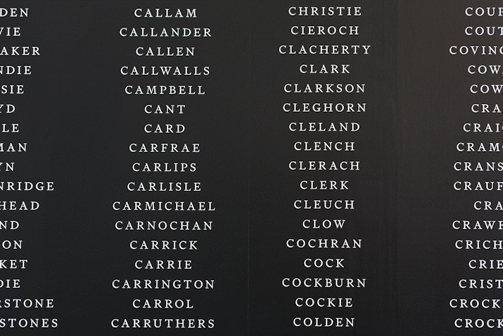 white text on black wall has a list of surnames