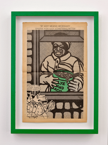 lithograph print of a man behind a window holding a bucket of 'lye and acid'. in front of the window there are a group of pigs holding guns. text at the top reads, 'by any means necessary, unless you got something better'