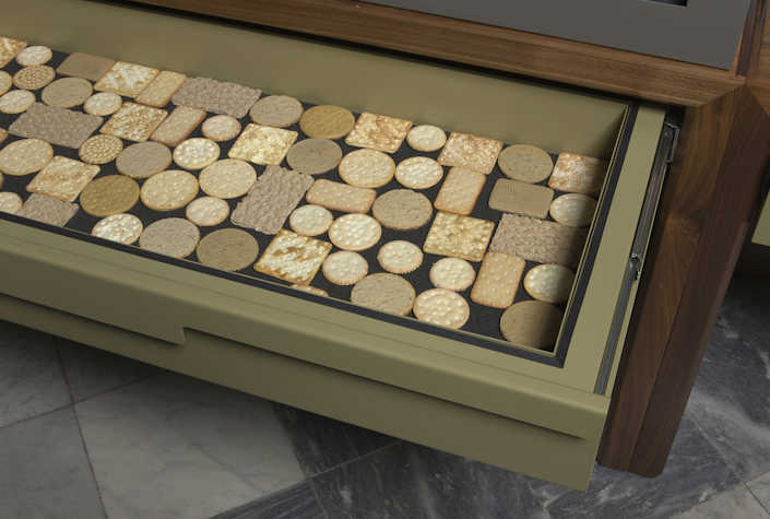 assortment of crackers in a museum display case.