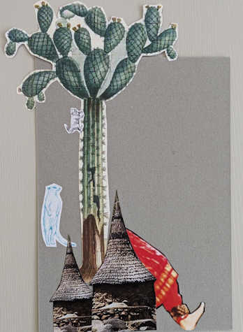The image shows a detail from a collage made of paper cuttings combining a cactus tree, a leg of a woman wearing parachute pants, three Matakam huts that can be identified as cylindrical long pointy thatched roofs, a cat and meerkat.