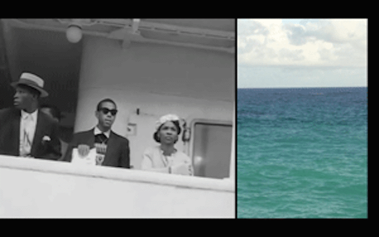 a film still showing an archival image of people on a boat and an image of the sea