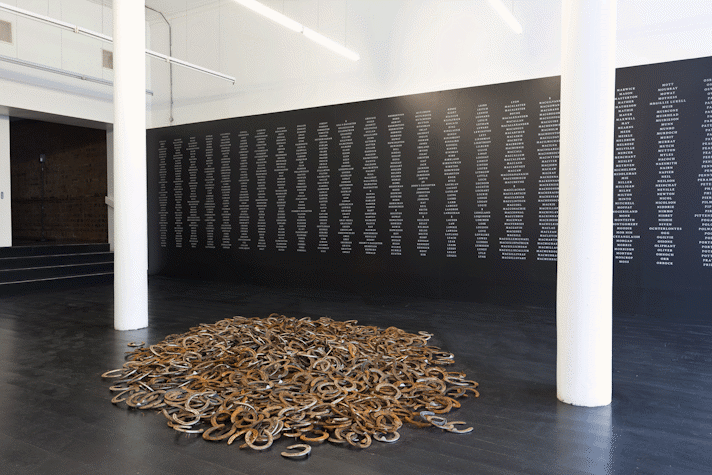 a pile of horseshoes on a black floor. in the background is black wall with columns of white text