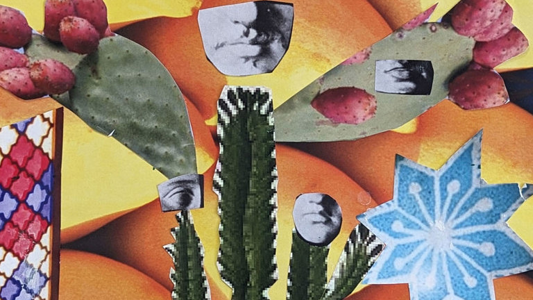 The image shows a detail from a collage made of paper cuttings combining  images of mangoes, cacti, islamic ornamental elements and plaster copies of eyes, noses, ears from Renaissance sculptures. 