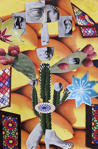 The image shows a detail from a collage made of paper cuttings combining images of mangoes, cacti, islamic ornamental elements and plaster copies of eyes, noses, ears from Renaissance sculptures.